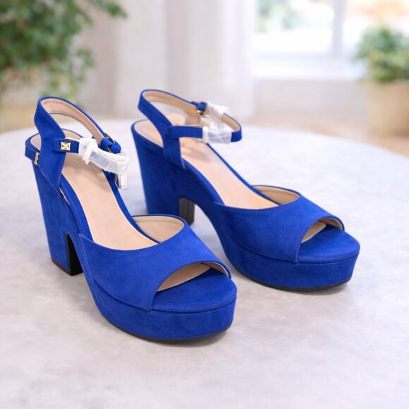 Open Toe Platform Heels | NEW | Royal Blue, Cream & Black | Chunky Heel - Picture 4 of 10